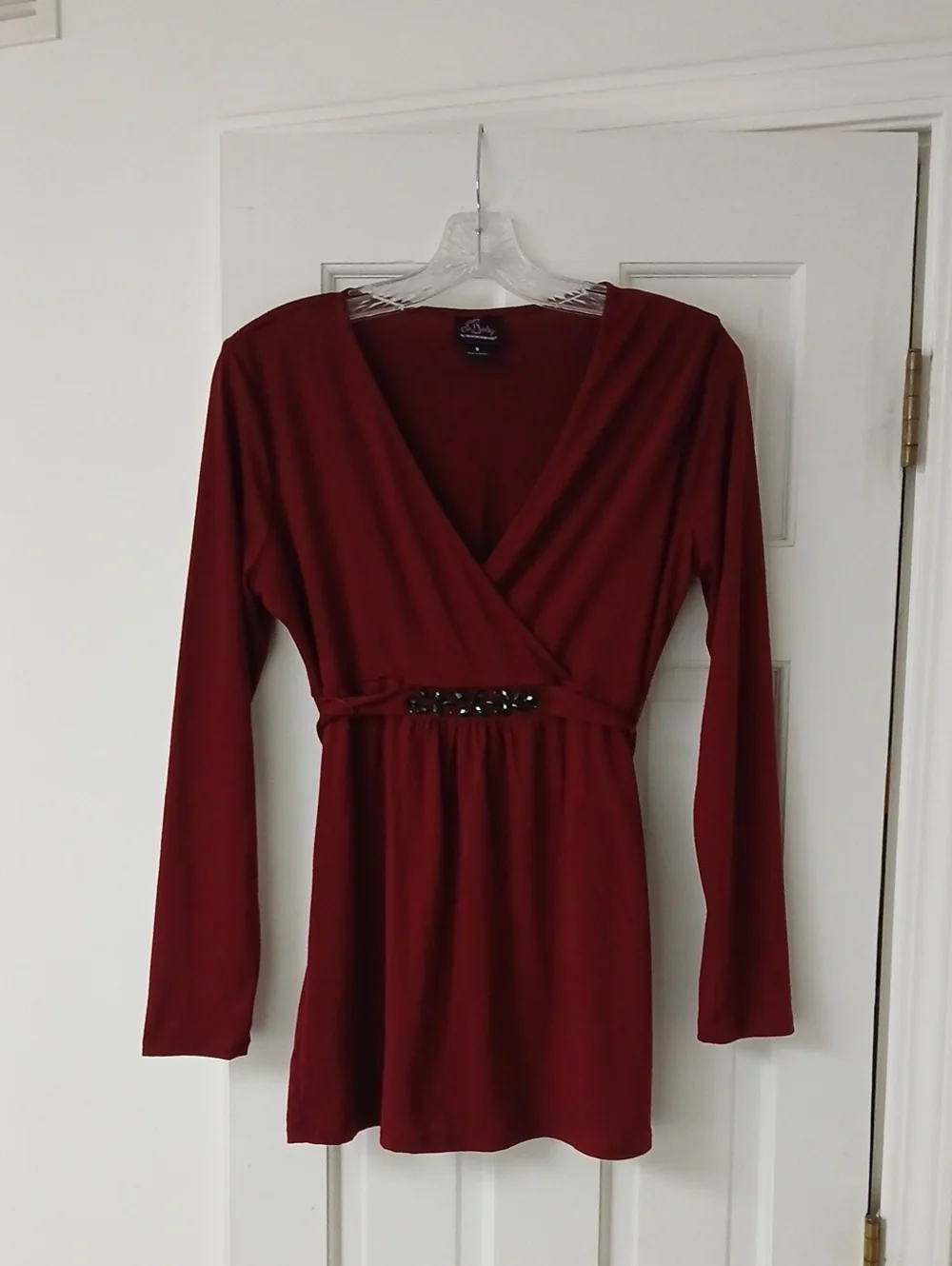 Oh Baby by Motherhood Deep Wine Long-Sleeve Wrap Tunic with Beaded Waist